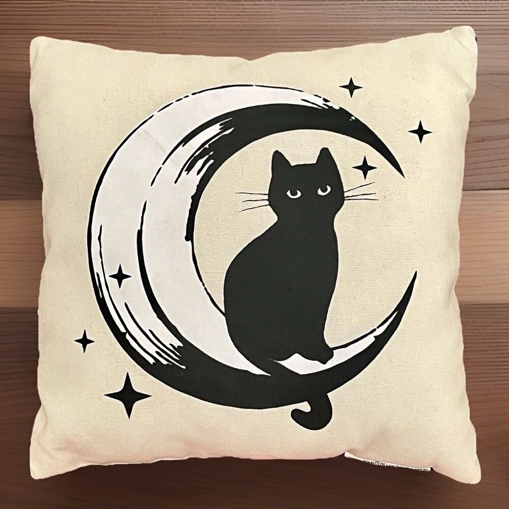 Cat Moon Stars Decorative Pillow Cozy Whimsigoth Halloween